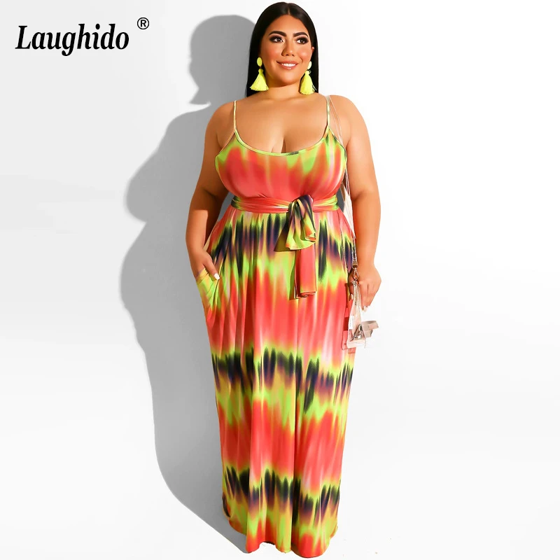 

Laughido Plus Size Tie Dyeing Maxi Dress Pocket Straight Loose Belt Vestidos Backless Summer Sundress Beach Boho Women Outfits