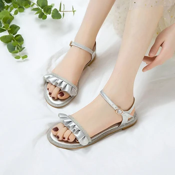 

Sweet dating style summer sandals fashion rhinestone ruffles belt buckle glitter black gold silver pink flat with women's shoes