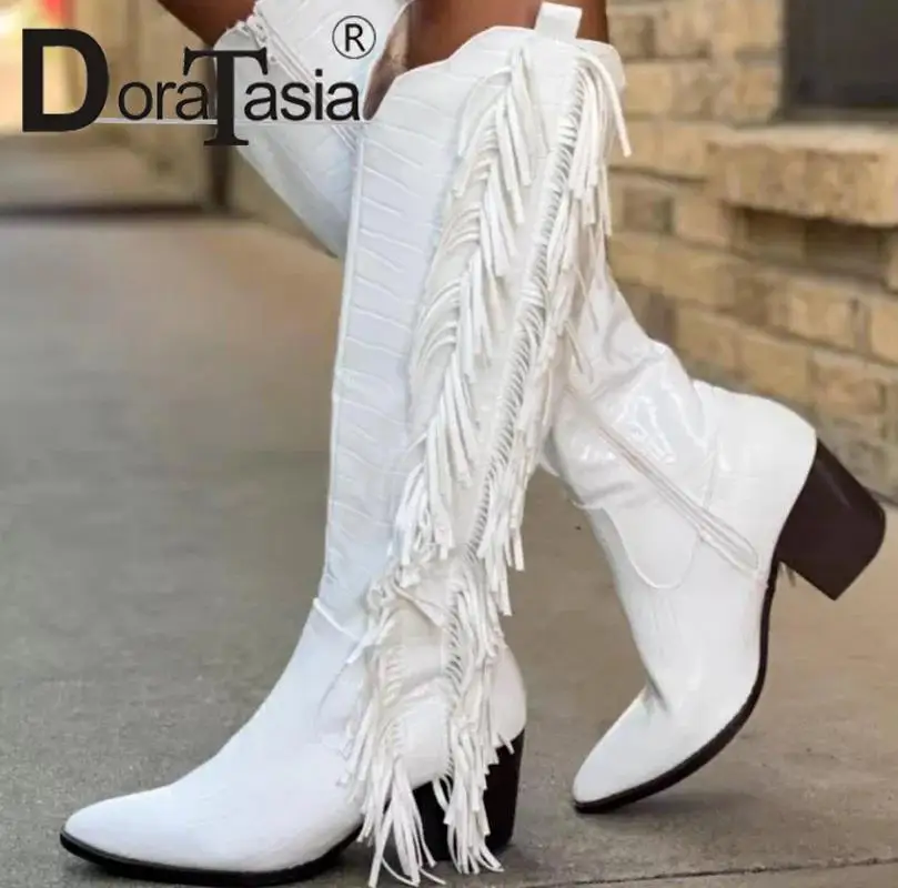 

DORATASIA Big Size 43 Brand New Female Western Boots Fashion Fringe Chunky Heels White Boots Women Casual Party Shoes Woman