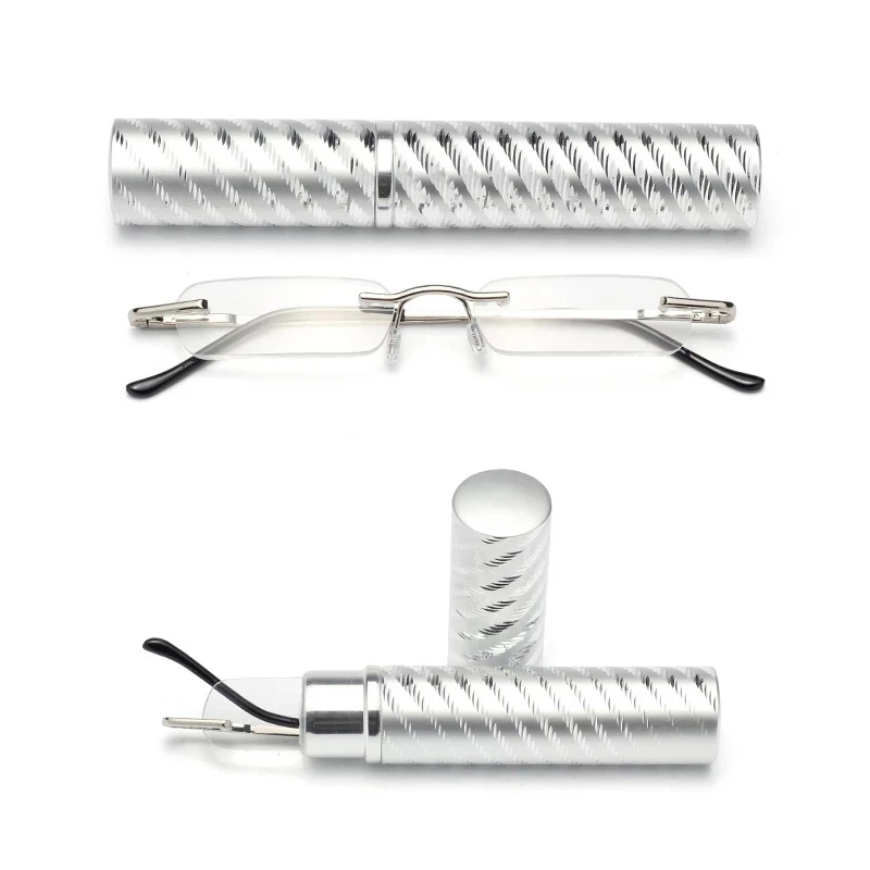 IENJOY Mini Reading Glasses Small Metal Rimless Presbyopic Eyewear Portable With Pen Tube Case Mini Eyeglasses for Men Women