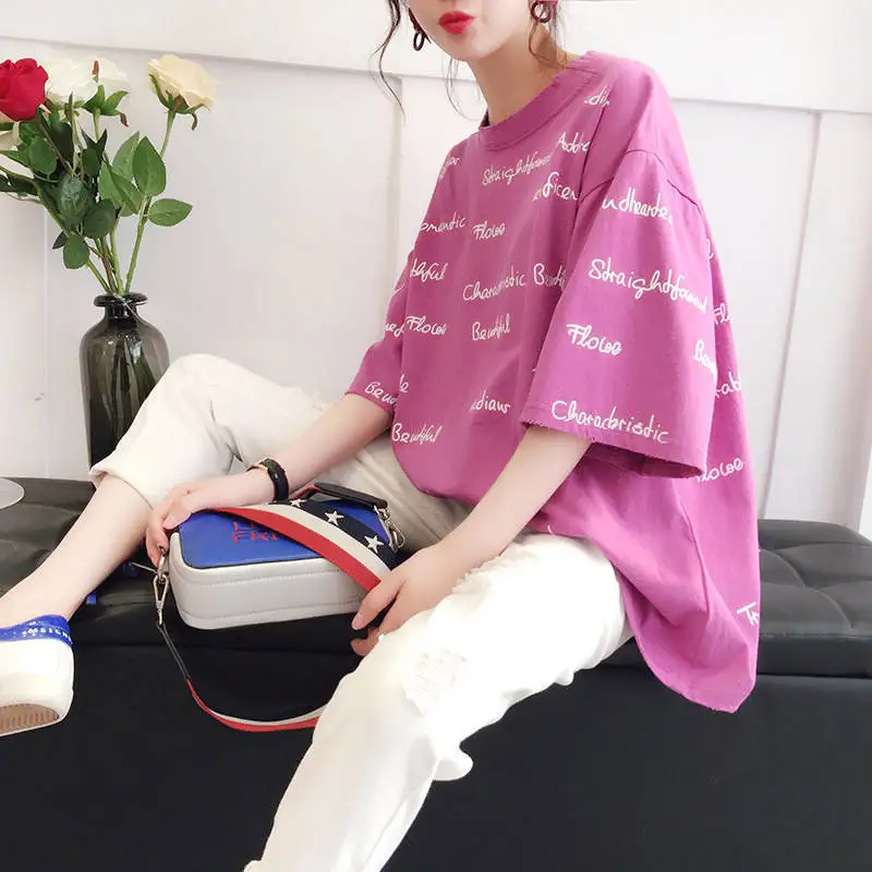 

New Fashion Women Girls Summer T-shirt Half Sleeve Casual Tops Long Tee Female Shirts Ladies Elegant Letter Print Shirts