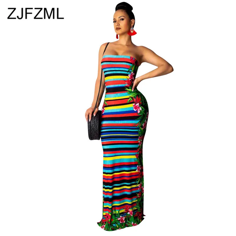 

Rainbow Striped Sexy Maxi Dresses 2019 Women Off The Shoulder Backless Bohemian Dress Summer Strapless Sleeveless Beach Dress
