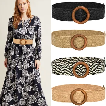 

fashion belts Knitted waistband Vintage Waist Belt Round Wooden Smooth Buckle Fake Straw Wide Belt 4 color simple design gifts