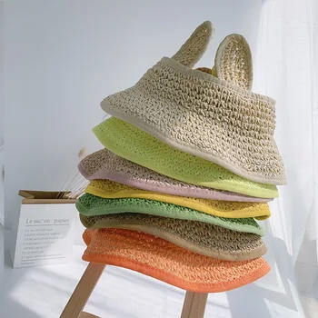 

Candy Color Cute Baby Hat Summer Sun Hat Hand-woven Straw Hat Men And Women Children Cute Ears Without Sun Protection Hat
