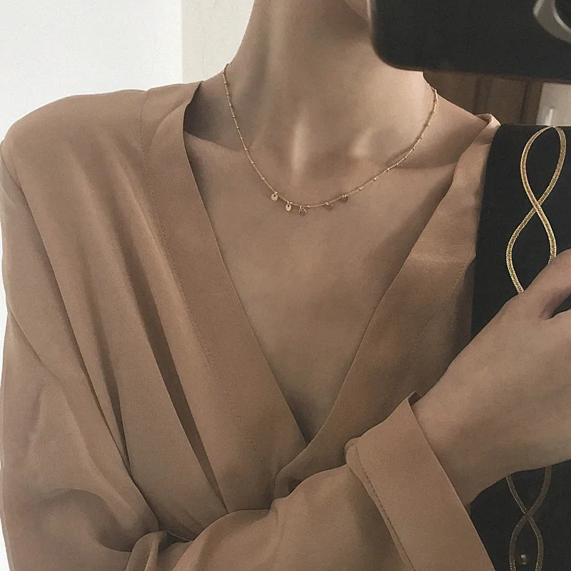 

S925 Fine Silver Handmade Interval Small Beads Wafer Necklace Women's Simple Choker Short South Korea Accessories