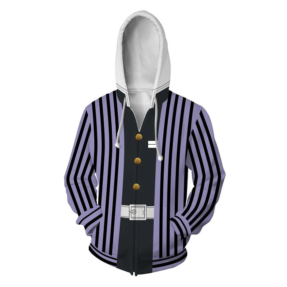 

Demon Slayer Kimetsu no Yaiba Hoodie Iguro Obanai Cosplay Costume 3D Printed Black White Stripes Zipper Sweatshirts