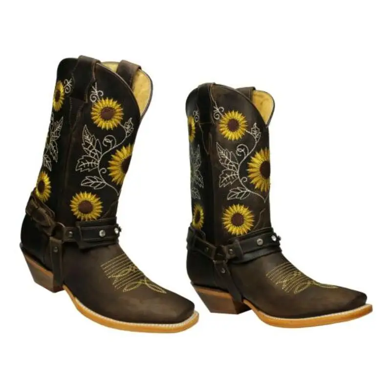 Botas vaqueras con bordado de girasol para mujer, zapatos informales de  media caña con tacón grueso, talla grande 43, para otoño, 2021|Botas a  media pantorrilla| - AliExpress