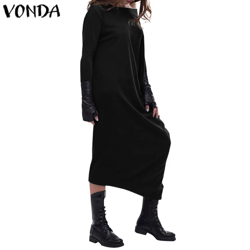 Женское осеннее платье VONDA, сексуальное асимметричное платье, повседневное свободное платье с длинным рукавом, платье до середины икры, вечерние платья, Vestido S-5XL - Цвет: Черный