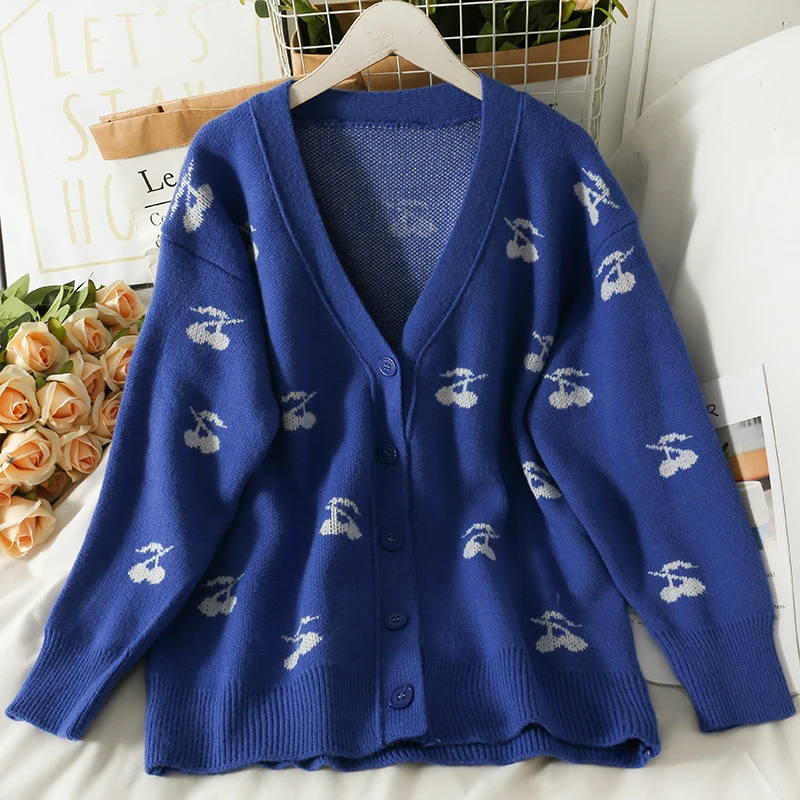 Women Cardigan Cherry Printing Knitted V-Neck Loose Sweater Winter Autumn Long Sleeve Single Breasted Female Fashion Top |
