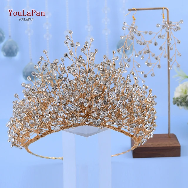 TOPQUEEN HP193 Silver Golden Wedding Tiaras and Crowns Rhinestone Wedding Headband Luxury Wedding Headpieces Briadl Hair Jewelry G-1 crown 1 earring