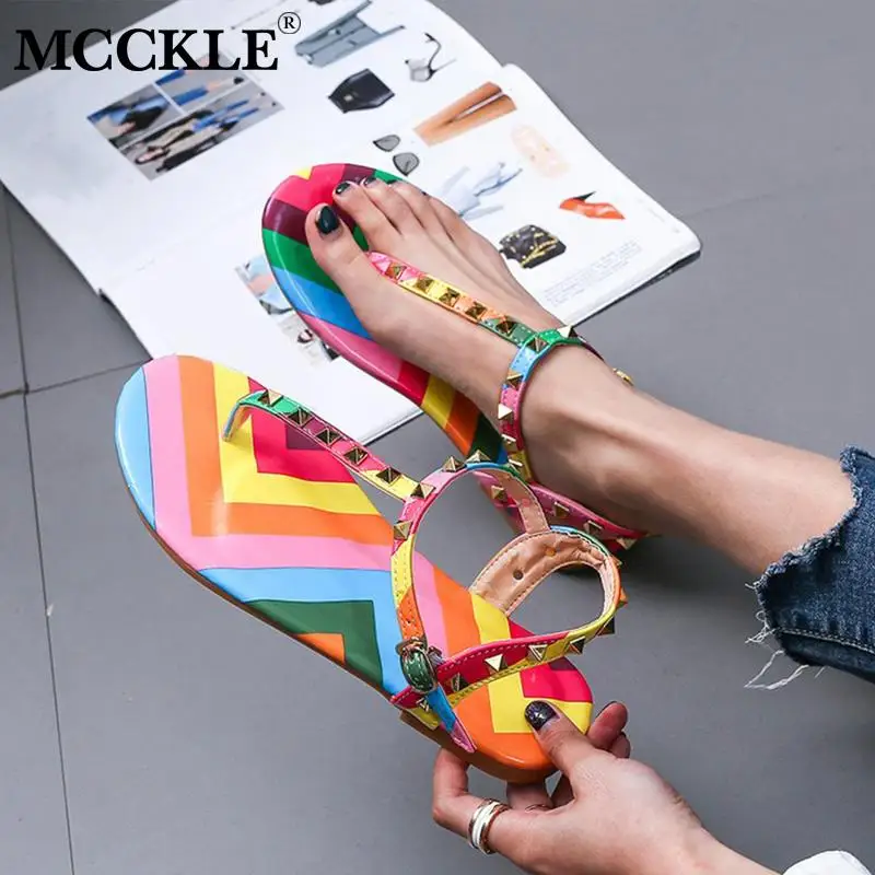 

MCCKLE Women Flat Sandals Women Rivets Sweet Candy Color Ankle Strap Woman Outdoor Beach Shoes Female New Summer Plus Size