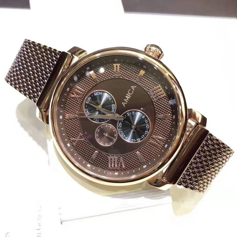 AMICA мужские новые модные Роскошные ультра-тонкие с тонкой сеткой стальной ремешок шесть-контактный Многофункциональный Кварцевые часы мужские спортивные часы