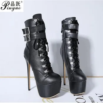 

Women Autumn Motorcycle Ankle Boots Sexy High Heels Platform Boots Round Head PU Leather Booties Party shoes
