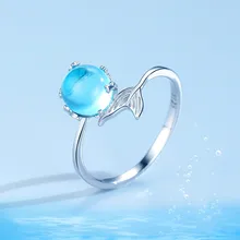 90% הנחה Boho נקבה קטן בת ים זנב טבעת אמיתי 925 כסף סטרלינג אירוסין טבעת יוקרה כחול אבן פתוח טבעות עבור נשים(China)
