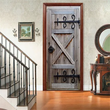 

Home Decor Paste Self Adhesive 3D Wall Sticker Vintage Door Print Artwork Color Bricks Pulling Door Waterproof Wallpaper Picture