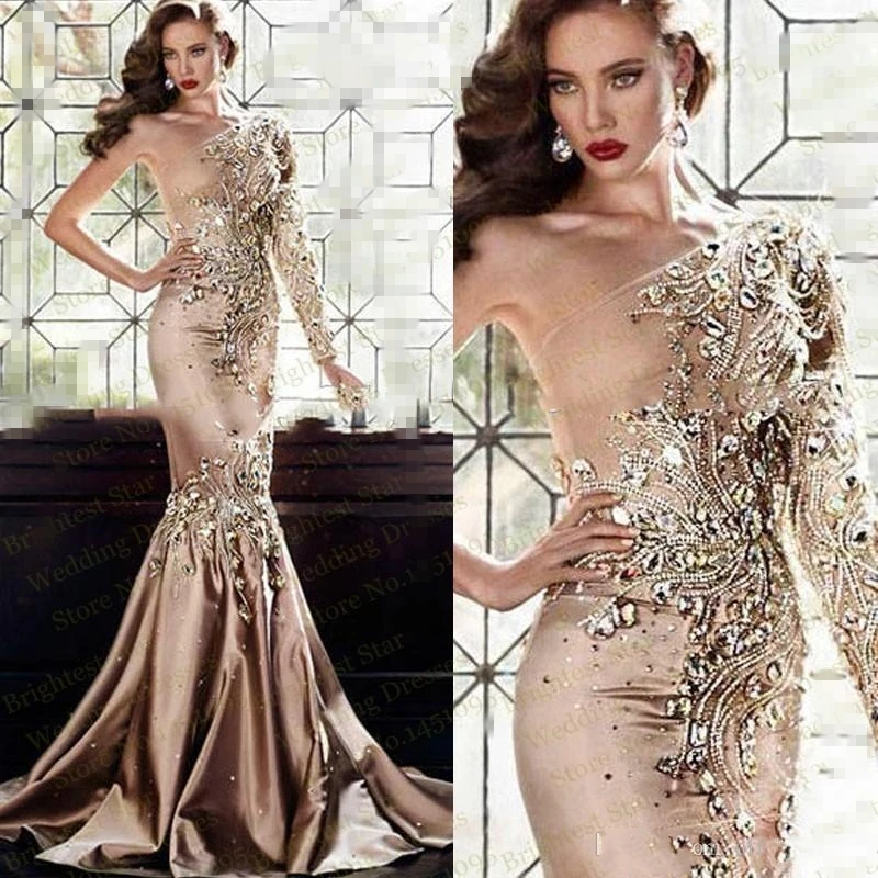 

Luxury Zuhair Murad Crystal Evening Dresses 2020 Dubai One Shoulder Rhinestone Formal Gowns Muslim Long Sleeve Prom Dresses