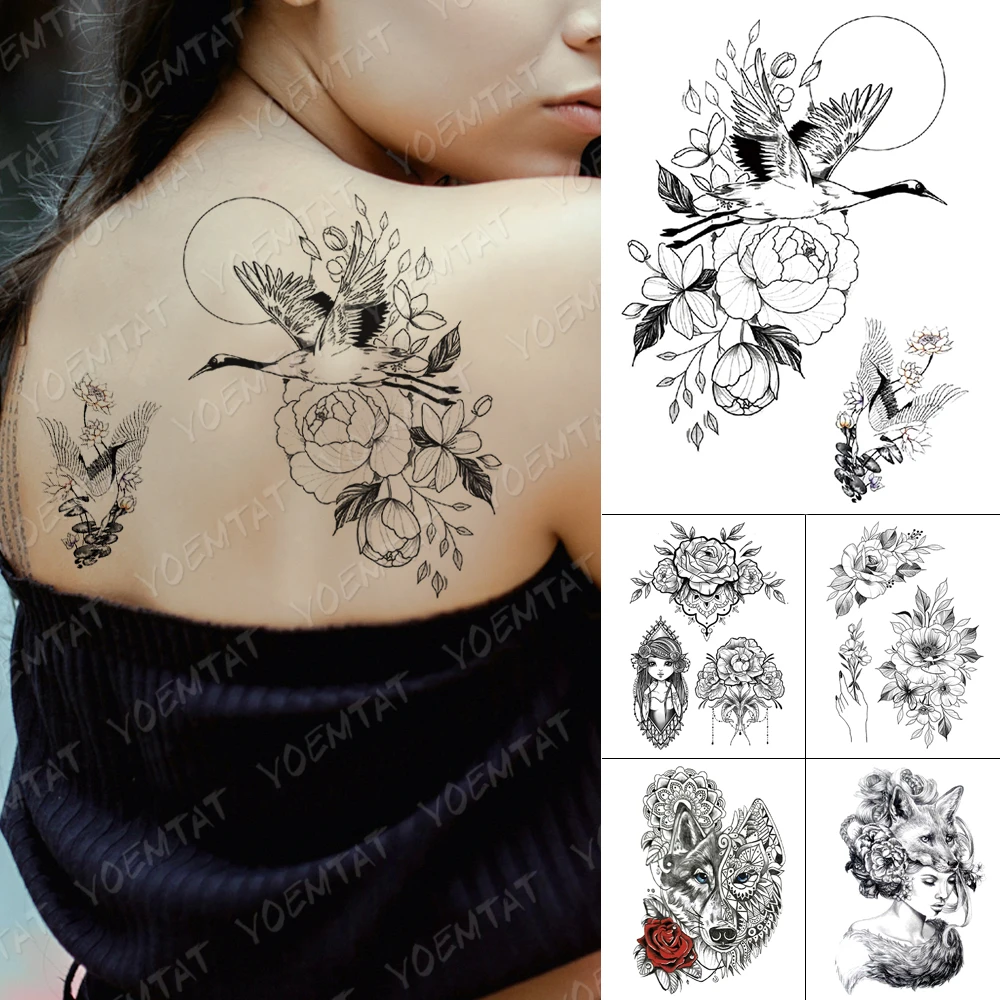 Tatouage Oiseau Et Fleur Bras Tatouage Femme Sexy Tatouage temporaire imperméable, autocollant ligne oiseau  fleur, grue lune soleil loup dame renard Art corporel bras faux tatouage  femmes hommes | AliExpress