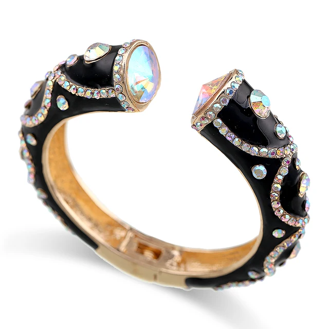 All Seasons Women's Enamel Color Statement Fashion Bangle Cuff Bracelet Gold Plated Inlaid AB Rhinestons Cuff Bangle Black