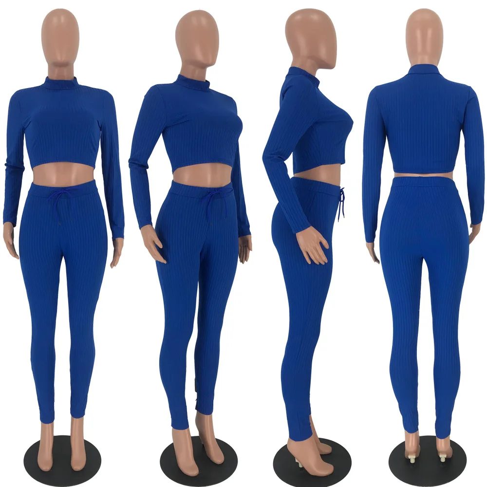 Solid Color 2 Piece Set Office Lady Turtleneck Full Sleeve Pullover Short Top+Drawstring Skinny Ankle-Length Pants LCLDS3171