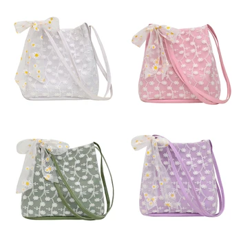 

2021 New Summer Boho Style Women Daisy Mesh Shoulder Bucket Bags Casual Lace Floral Leather Shoulder Bag Bow Decor