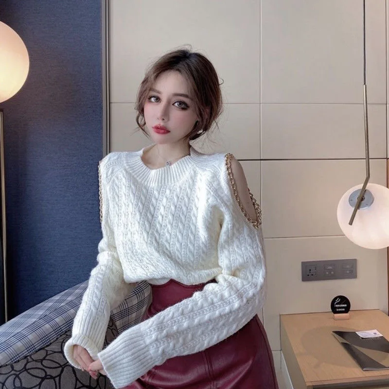 

IHOBBY Gold Chain Hollow Out Off Shoulder Designer Knitted Sweater Korean Fashion Casual Round collar Warm Winter Clothing