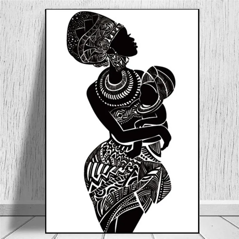 

Beautiful African Woman With Baby Bedroom Wall Art Canvas Painting Black and White Wall Picture Poster Modern Print Home Decor
