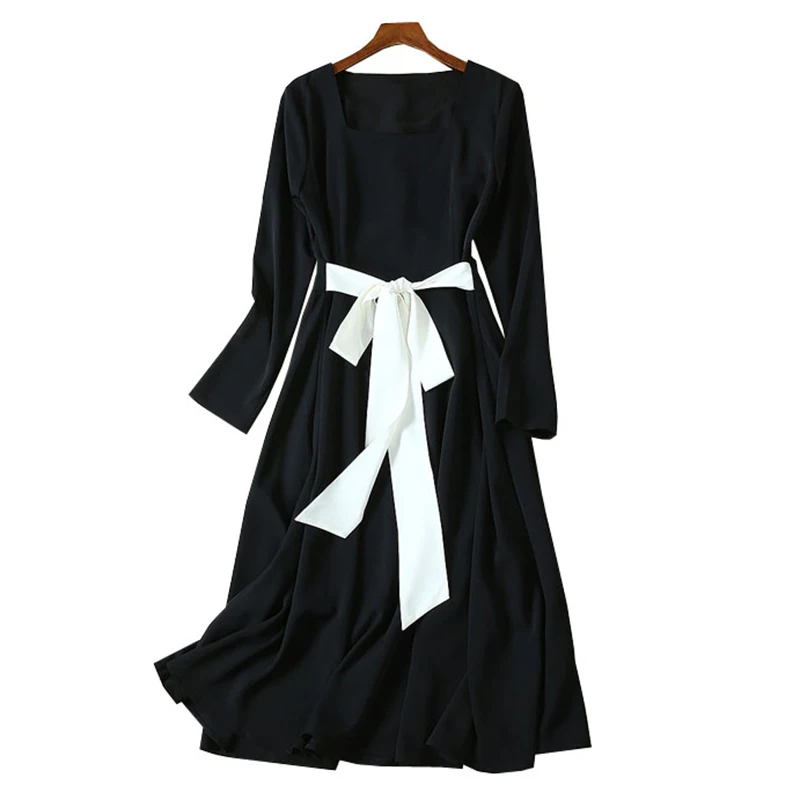 

2019 fall fashion women clothes button closure sexy cut out bare back square collar long sleeve tie belt black elegant dress