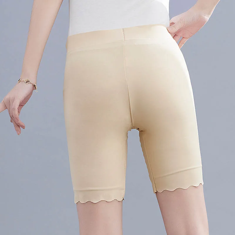 130Kg Plus Size Women's Summer High Stretch Wave Edge Underwear 5XL 6XL 7XL Anti-Slip Safety Short Pants Black Khaki