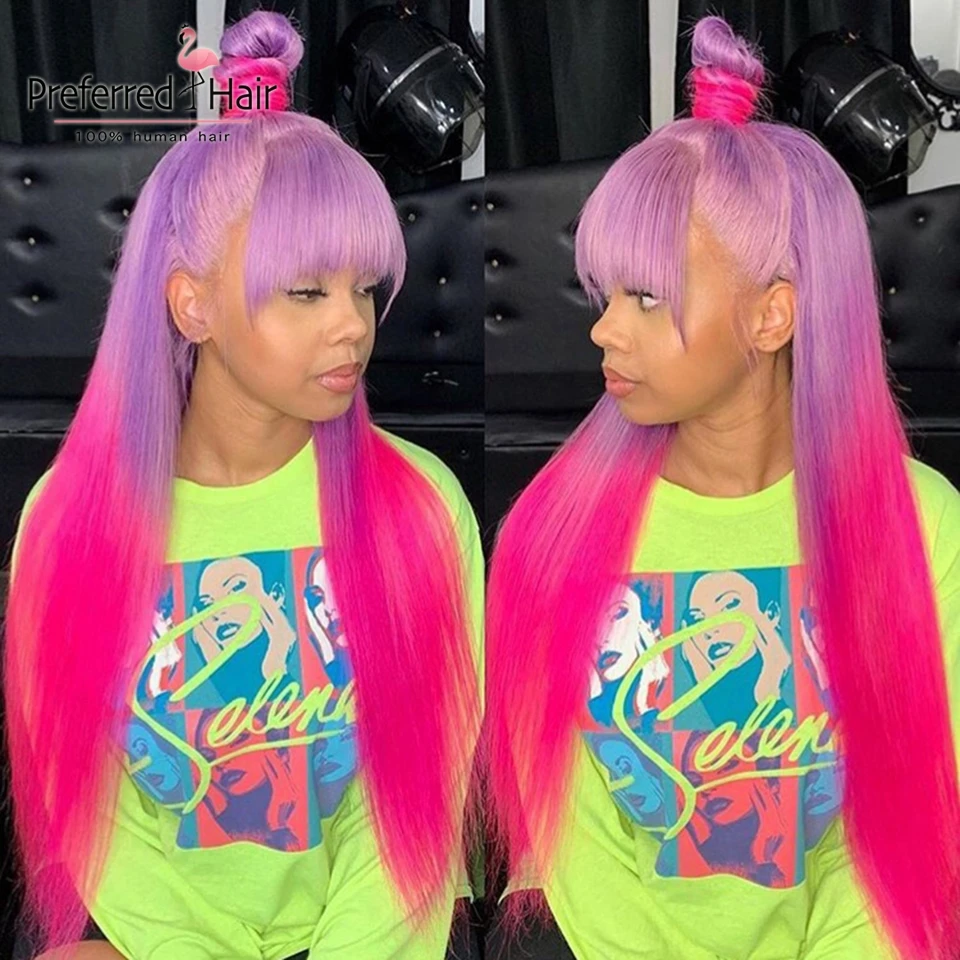 Предпочтительный Remy бразильский прямой парик фронта шнурка с челкой фиолетового до розового Омбре человеческих волос парик Glueless парики для черных женщин