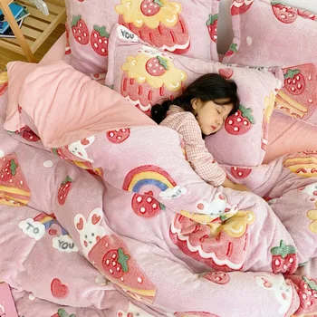 

Autumn Winter Thickened Snow Velvet Cartoon Fleece Student Dormitory 4Pcs Set Bedding