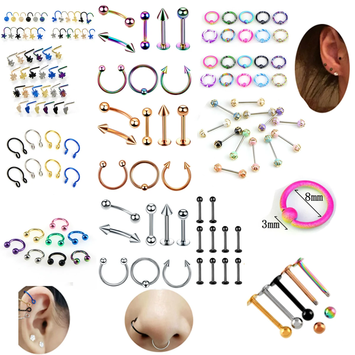 6/8/10Pcs/Set  Girl Body Jewelry Maple Leaf Stainless Steel Nose Ring & Studs Stainless Steel Nose Piercing Punk Party Jewelry