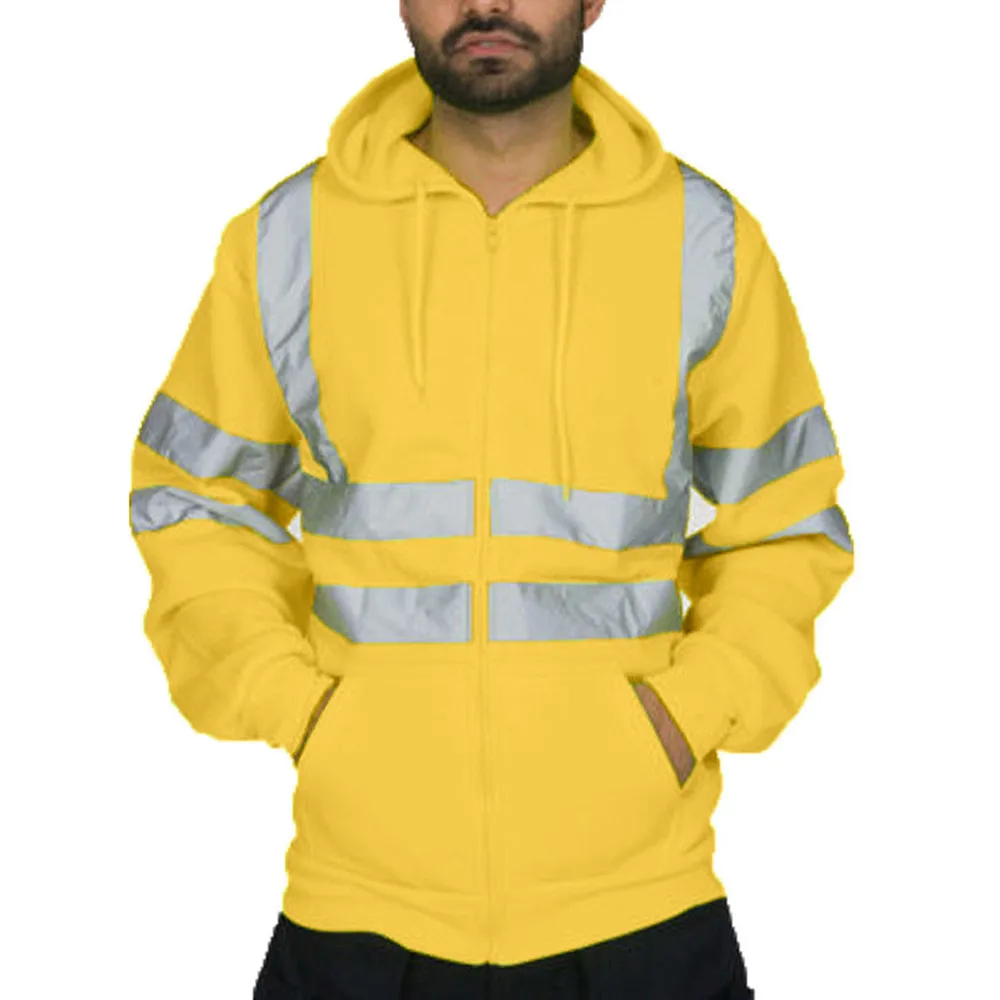 

Mens Road Work High Visibility Pullover Long Sleeve Hooded Sweatshirt Hoody Reflective Zipper Tops With Pocket Streetwear