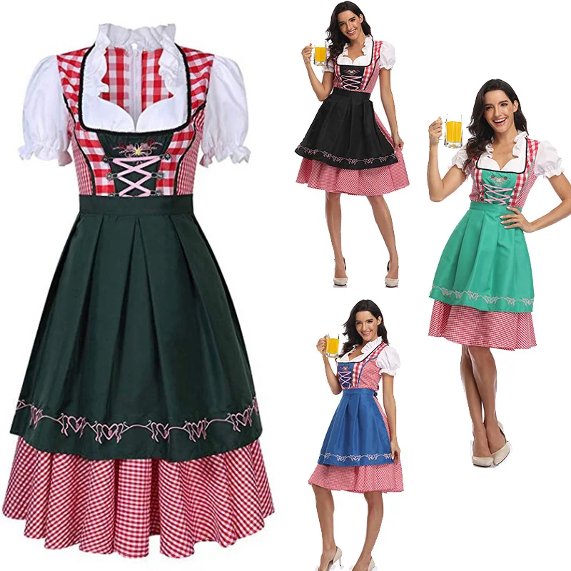 Cosplay Costume The New Lady Dirndl Oktoberfest Costume Bavarian National Pink Plaid Clubwear