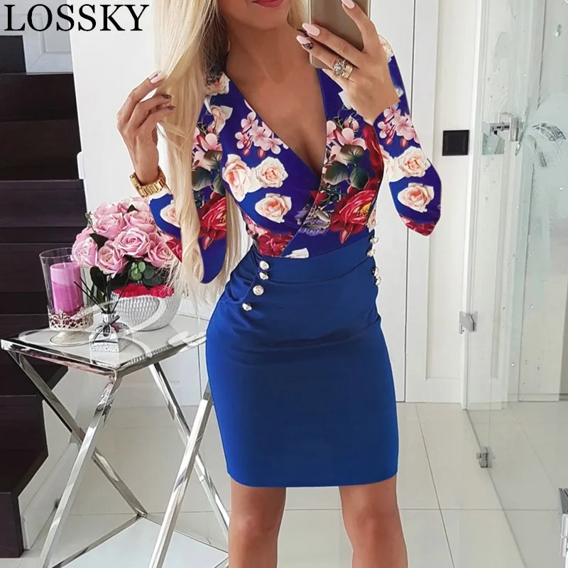 

Women Autumn Sexy Bodycon Mini Dress Floral Print Patchwork Deep V Neck Pocket Button Package Hip Vintage Party Dress Vestidos