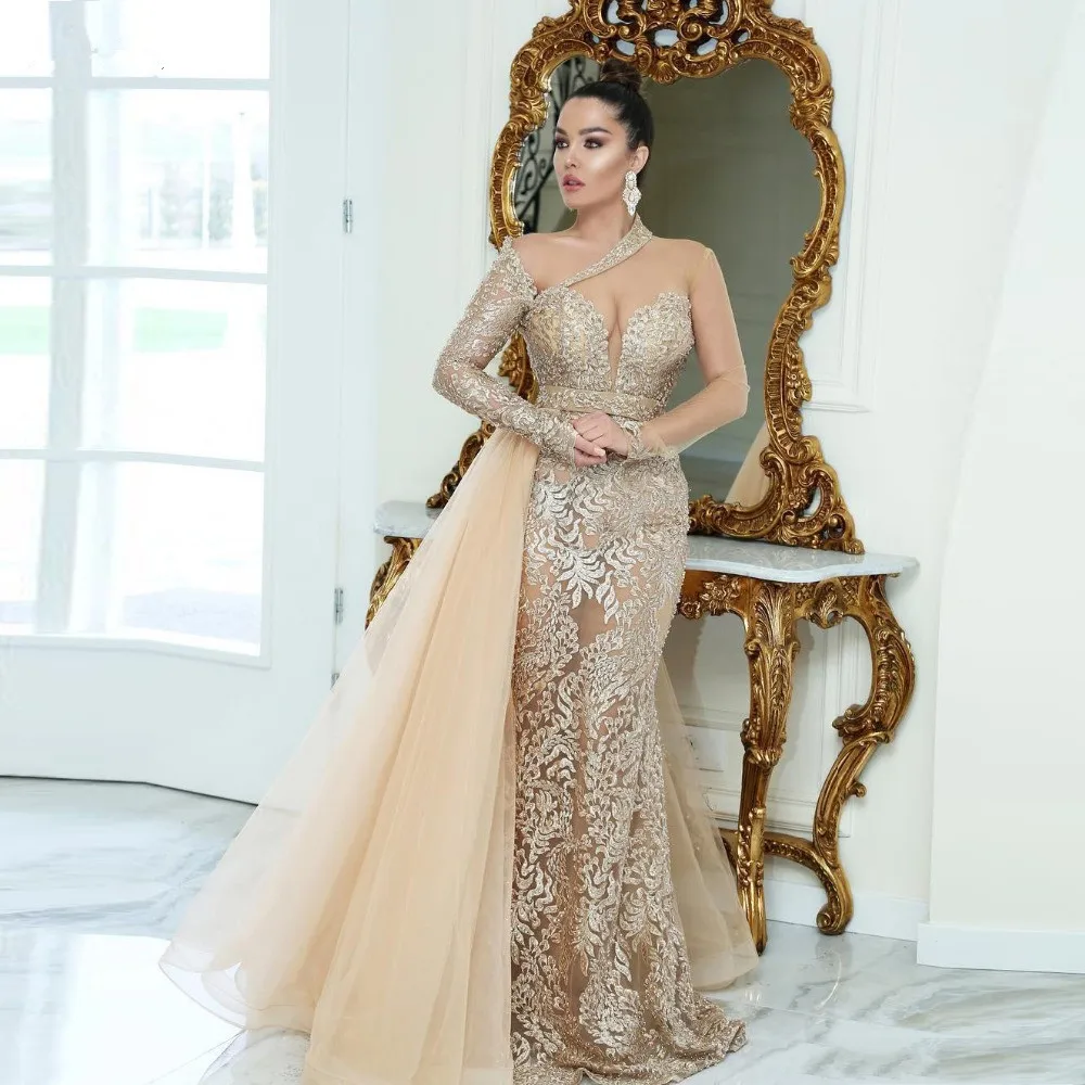 

Elegant Champagne Lace Mermaid Evening Dresses See Thru Back Full Sleeves Long Evening Gowns With Side Over-skirt Formal Dress