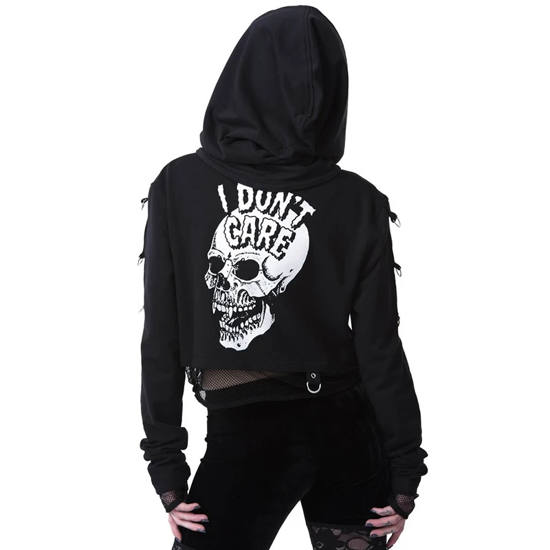 InsGoth Women Sweatshirts Cropped Hoodies Gothic Skull Printed Black Loose Short Hoodies Mesh Patch