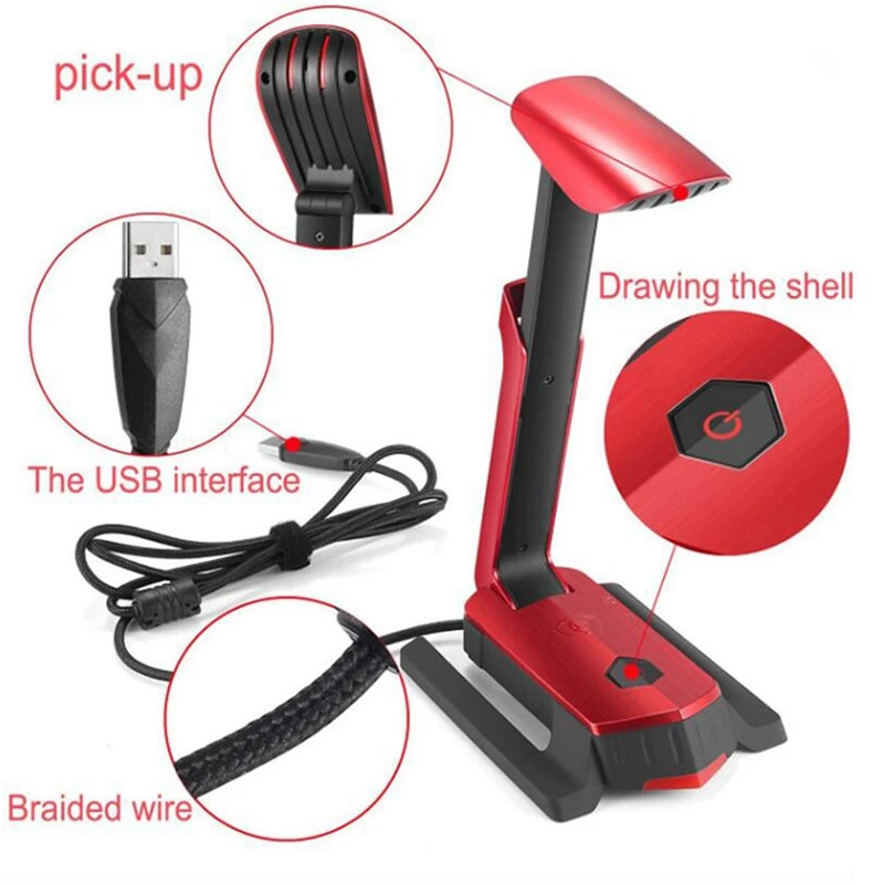 KOTION EACH GS130 USB Wired Microphone Gaming 360 Omnidirectionnel with Headset Stand and LED Light for Desktop Dual Microphone