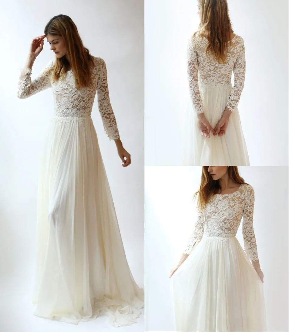 Vintage A Line Beach Trouwjurken Lace Chiffon Lange Mouwen Bruidsjurken Bohemian Floor Lengte Bridal Jurken Goedkope Vintage A Line Beach Trouwjurken Lace Chiffon Lange Mouwen Bruidsjurken Bohemian Floor Lengte Bridal Jurken Goedkope