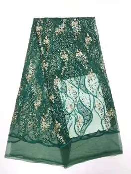 

2019 Wholesale luxury quality African chiffon lace fabric with sequins 5 yards emerald green sequins lace fabric YYZ0032