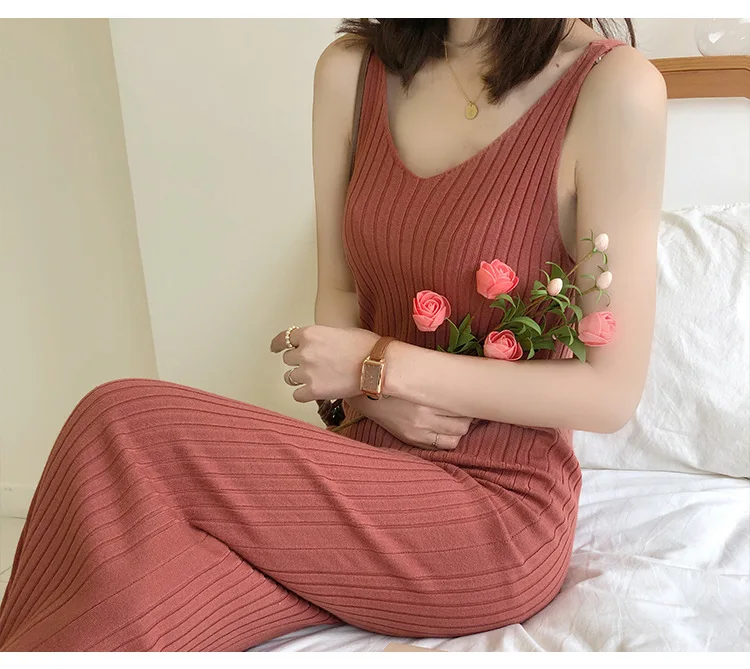 Women's Clothing Dresses Fashionable Pink Wind Goddess Temperament V-neck Collar Elastic Knitting Trim Hip Vest Dresses Woman