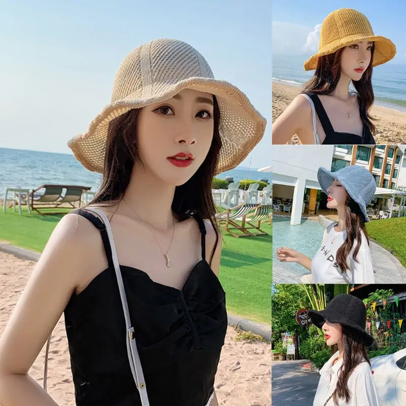 

Women Summer Weave Straw Sun Visor Beach Hat Macaron Candy Color Wavy Wide Brim UV Protection Foldable Fisherman Cap