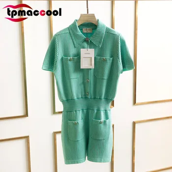 

Tpmaccool 2020 spring women french designer Refreshing Striped Lapel collar Short Sleeve knitted Jumpsuit Playsuits Bodysuits