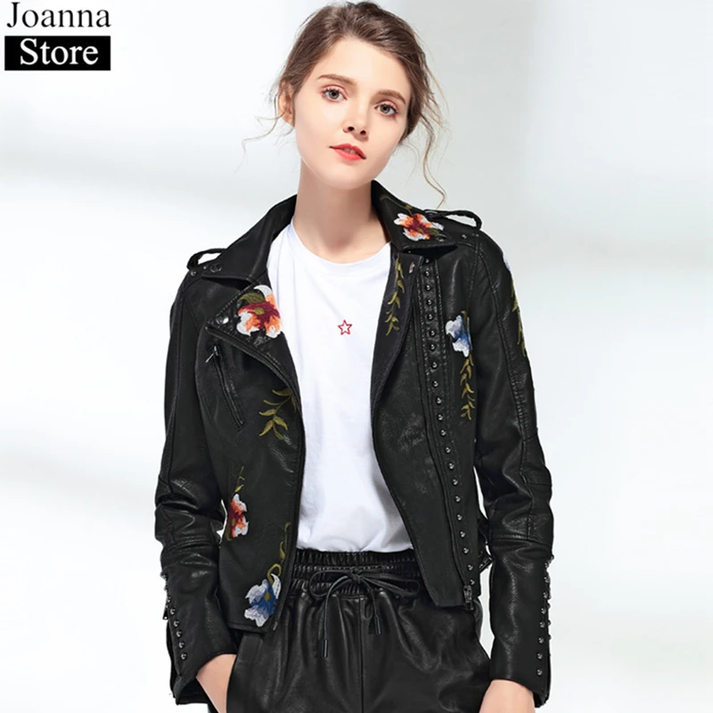 autumn-winter-women-flower-embroidered-faux-leather-short-locomotive-rivet-jacket-casual-lapel-pu-motorcycle-black-punk-jackets