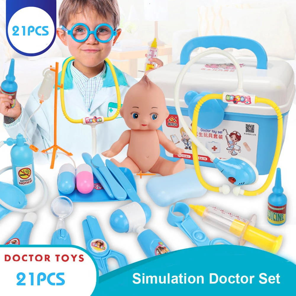 21-39 шт., детские игрушки для ролевых игр, набор для доктора, медицинский набор для моделирования с портативным чемоданом, игрушки для ролевых игр для девочек, инструмент для зубного врача - Цвет: 21PCS Blue