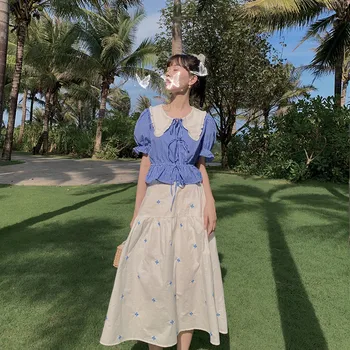 

2020 new literary style small fresh embroidered wrinkled skirt high waist mid-length skirt