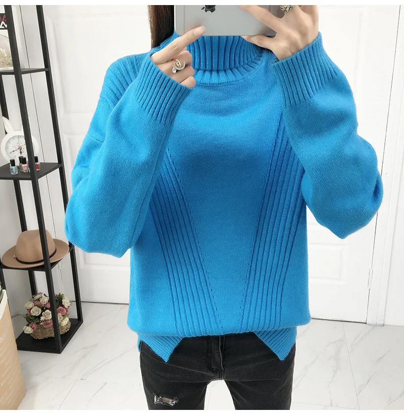 Новинка, женский свитер с высоким воротом, осенняя зимняя одежда, однотонный теплый свитер с длинным рукавом, вязаный джемпер, женские топы 165 - Цвет: Blue