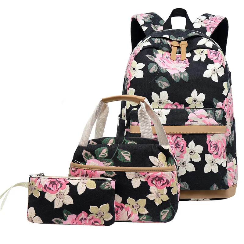 

New Style Printed Backpack Women's USB Computer Backpack Students Canvas School Bag Three-piece Set Cross Border a Generation of