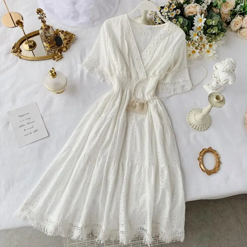 

2019 new fashion women's clothing adult French summer short-sleeved white dress and long sections tassels knee