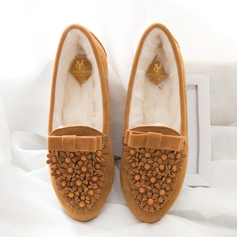 

Plush Winter Women Flat Shoes Warm Loafers Fur Plush Flats Casual Slip On Insole Shoe Moccasins Pointed Toe Flower Platform Shoe