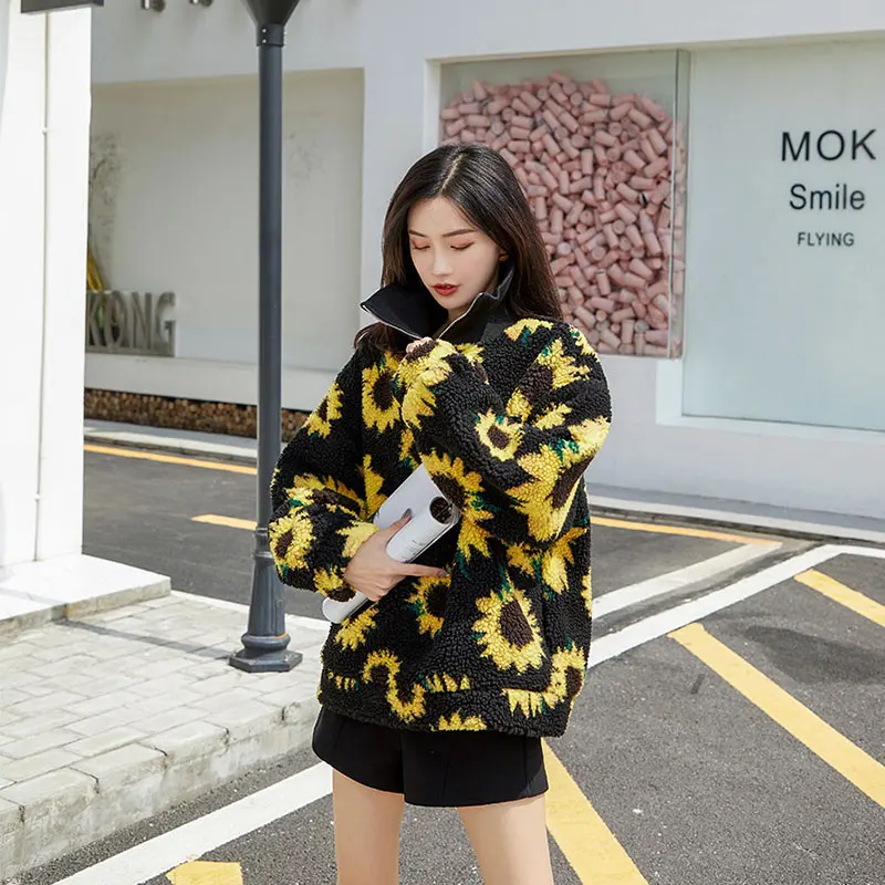 Флисовый Пуловер с принтом «Подсолнух» для CHEERART, женские толстовки Ulzzang Fuzzy, теплая толстовка большого размера, зимняя одежда